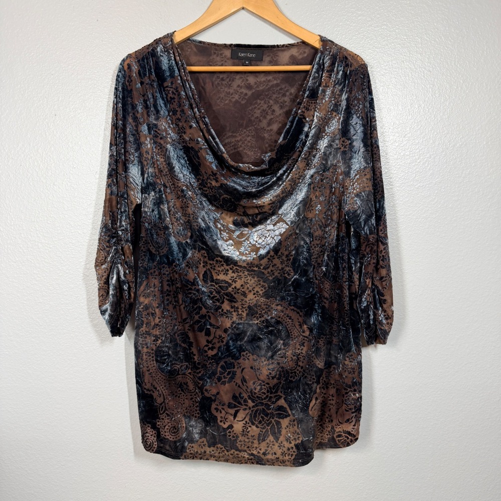 Karen Kane Blouse Women 2X Brown Blue Devore Velvet Burnout Cowl Neck Floral